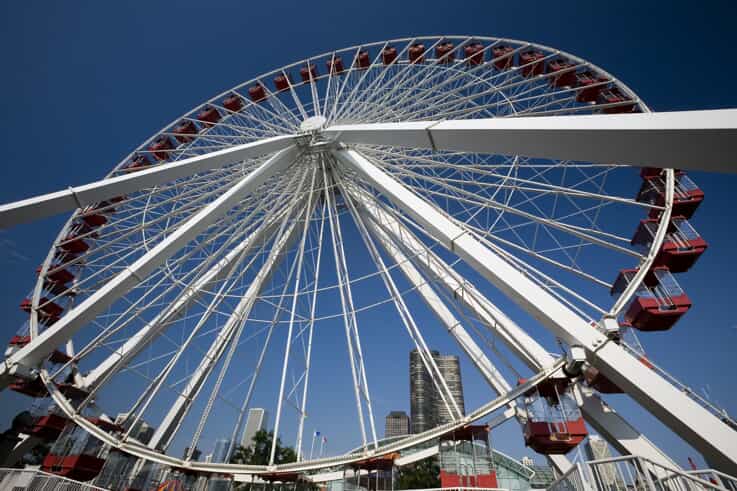 low-angle view of a ferris wheel with a blue sky behind it